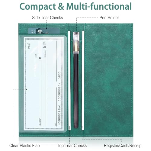 LLi Cufite Leather Checkbook Cover for Top & Side Tear Registers Duplicate Checks with Plastic Insert Flap Card Holder Pen Hoop Slim Wallet for Men Women - Image 2