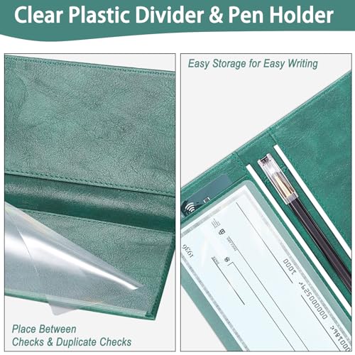 LLi Cufite Leather Checkbook Cover for Top & Side Tear Registers Duplicate Checks with Plastic Insert Flap Card Holder Pen Hoop Slim Wallet for Men Women - Image 4