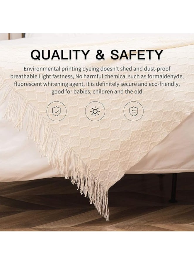 General Arabest Knitted Throw Blankets, Cozy Lightweight Decorative Throw, Warm Woven Blanket with Tassels for Couch Sofa, Bed and Living Room, All Seasons for Women, Men and Kids (130x220cm, Off White)  - Image 3