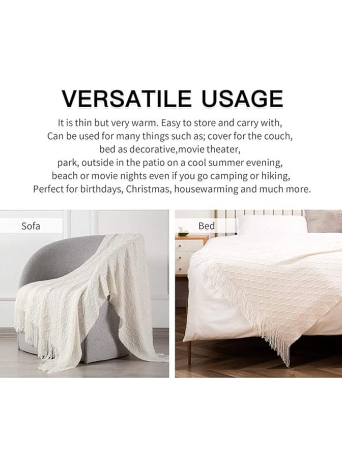 General Arabest Knitted Throw Blankets, Cozy Lightweight Decorative Throw, Warm Woven Blanket with Tassels for Couch Sofa, Bed and Living Room, All Seasons for Women, Men and Kids (130x220cm, Off White)  - Image 4