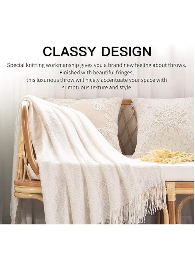General Arabest Knitted Throw Blankets, Cozy Lightweight Decorative Throw, Warm Woven Blanket with Tassels for Couch Sofa, Bed and Living Room, All Seasons for Women, Men and Kids (130x220cm, Off White)  - Image 5