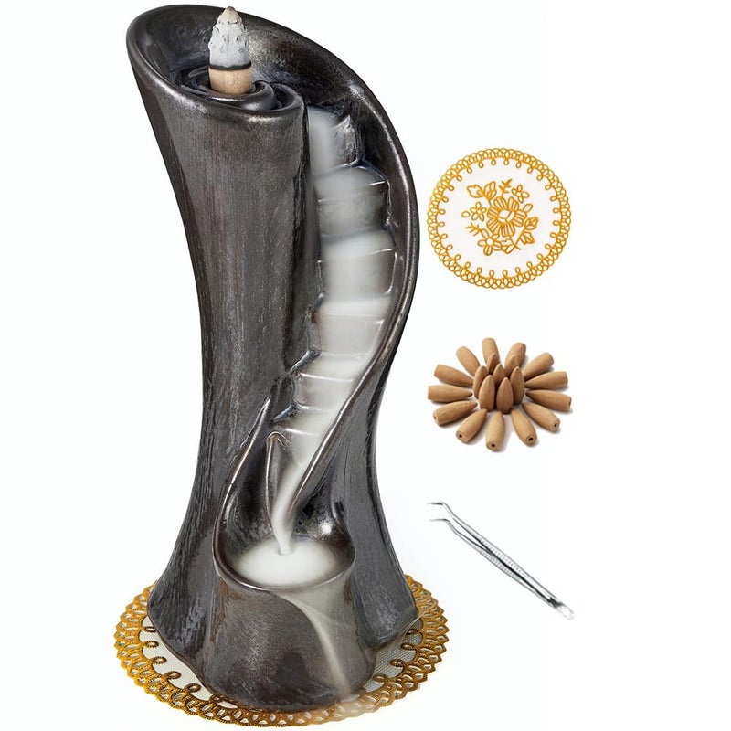 LAMDAWN Unique Cloud Stairs Ceramic Waterfall Incense Holder, Paired with a Pack of Backflow Incense Cones. (Metallic) - Image 1
