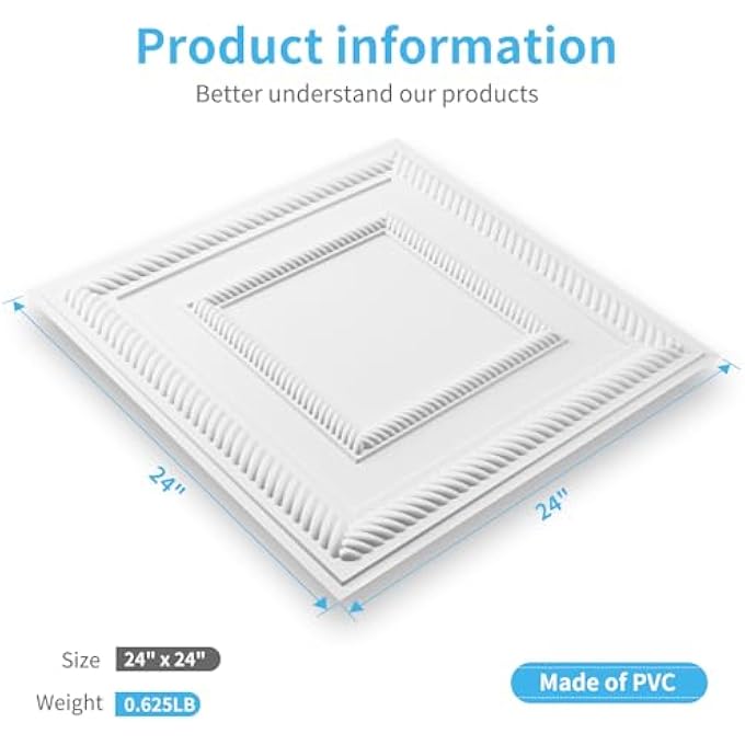 12 PACK 24"X24" PVC LIGHTWEIGHT DROP ROOF TILES, 2X2FT WATERPROOF CEILING PANELS TO PREVENT BREAKAGE, WHITE - Image 3