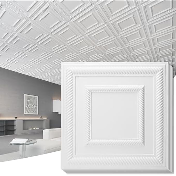 12 PACK 24"X24" PVC LIGHTWEIGHT DROP ROOF TILES, 2X2FT WATERPROOF CEILING PANELS TO PREVENT BREAKAGE, WHITE - Image 1