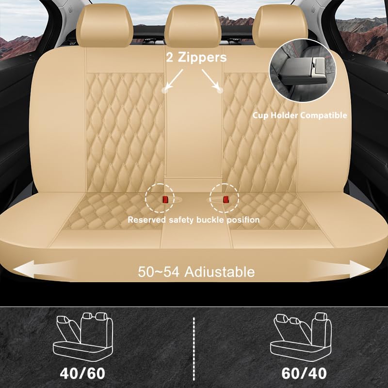 CAROMOP Faux Leather Car Seat Covers Full Set,Luxury and Comfortable Covers for Cars,Split Bench Compatible Car Interior Covers,Universal Fit for Suvs,Vans,Trucks,Airbag Compatible(5-Seat Beige) - Image 3