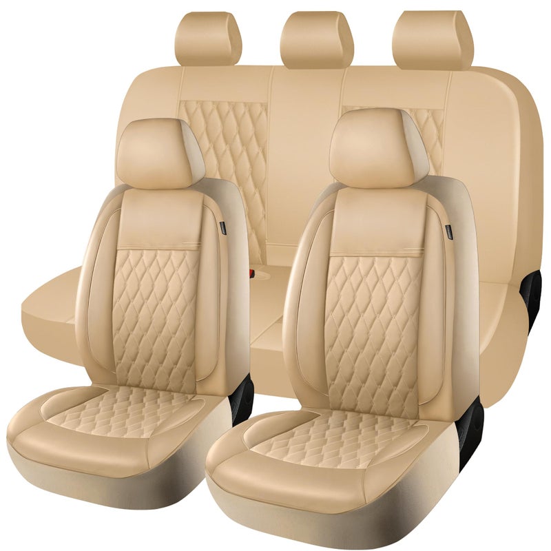 CAROMOP Faux Leather Car Seat Covers Full Set,Luxury and Comfortable Covers for Cars,Split Bench Compatible Car Interior Covers,Universal Fit for Suvs,Vans,Trucks,Airbag Compatible(5-Seat Beige) - Image 1