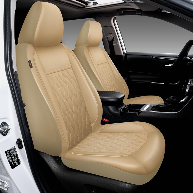 CAROMOP Faux Leather Car Seat Covers Full Set,Luxury and Comfortable Covers for Cars,Split Bench Compatible Car Interior Covers,Universal Fit for Suvs,Vans,Trucks,Airbag Compatible(5-Seat Beige) - Image 2