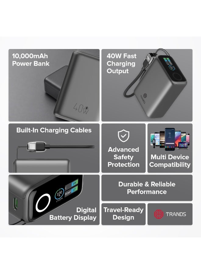 Trands 10,000mAh Mini 40W Fast Charging Power Bank with Smart TFT Display & Built-in USB-C Lanyard Cable (TR-PB967) – Space Gray - Image 2