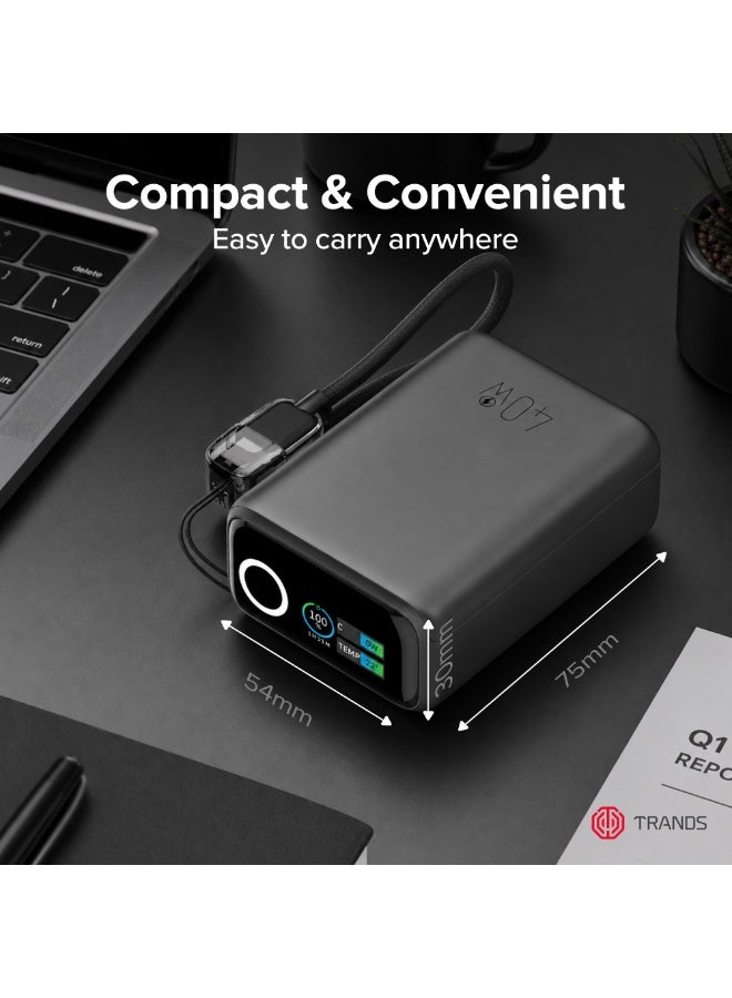 Trands 10,000mAh Mini 40W Fast Charging Power Bank with Smart TFT Display & Built-in USB-C Lanyard Cable (TR-PB967) – Space Gray - Image 5