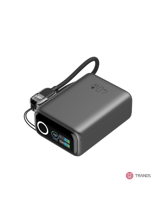 Trands 10,000mAh Mini 40W Fast Charging Power Bank with Smart TFT Display & Built-in USB-C Lanyard Cable (TR-PB967) – Space Gray - Image 1