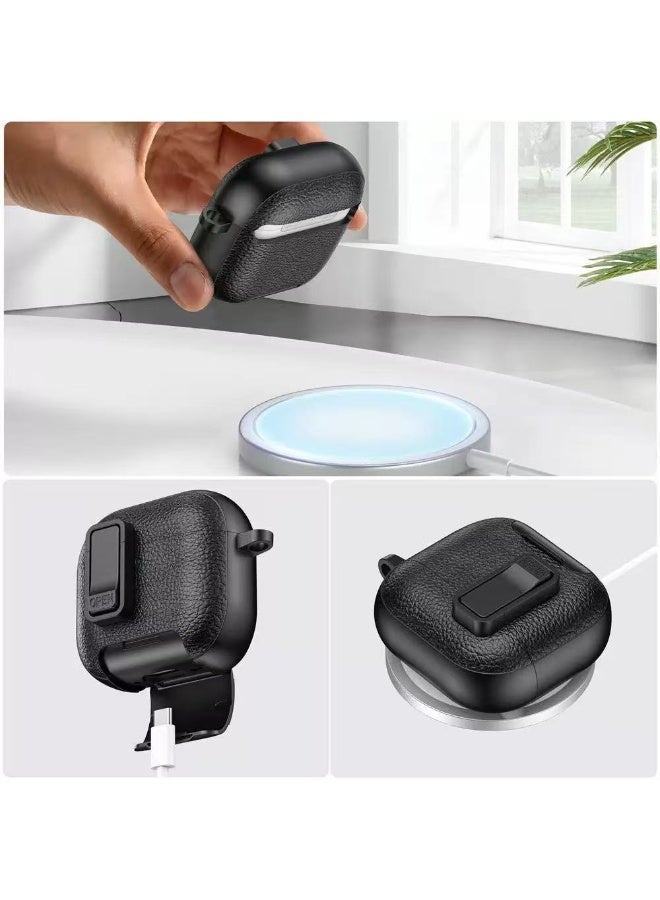 لحافظة حماية لسماعات AirPods Pro 3، تأتي مع طقم تنظيف وسلسلة مفاتيح، حافظة من PC TPU بتصميم مشبك بنسيج جلدي. أسود - Image 4