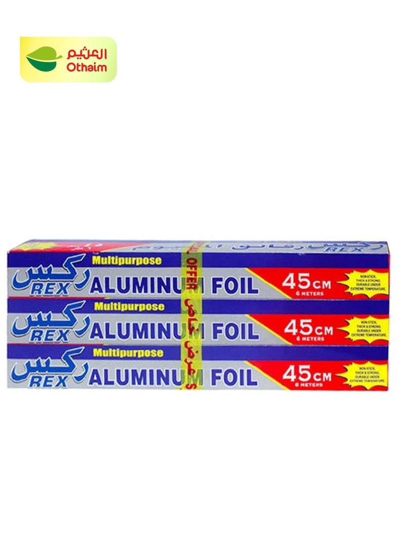 REX رول رقائق الألمنيوم متعددة الاستخدامات من ركس، 45 سم، 6 متر، 2 رول + 1 مجاني