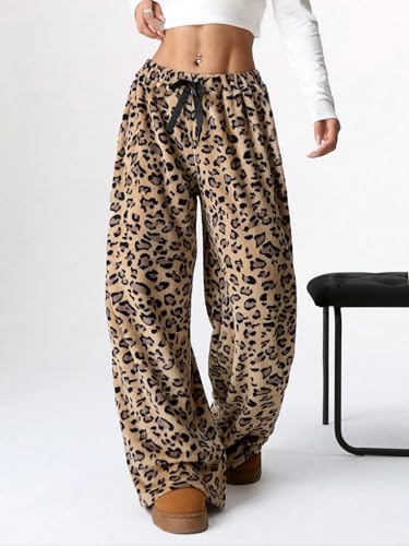 Vhitler Leopard Therian Fuzzy Pajama Pants Women Y2k Cheetah Grunge High Waisted Fluffy Pants (Brown, M, Medium) - Image 2