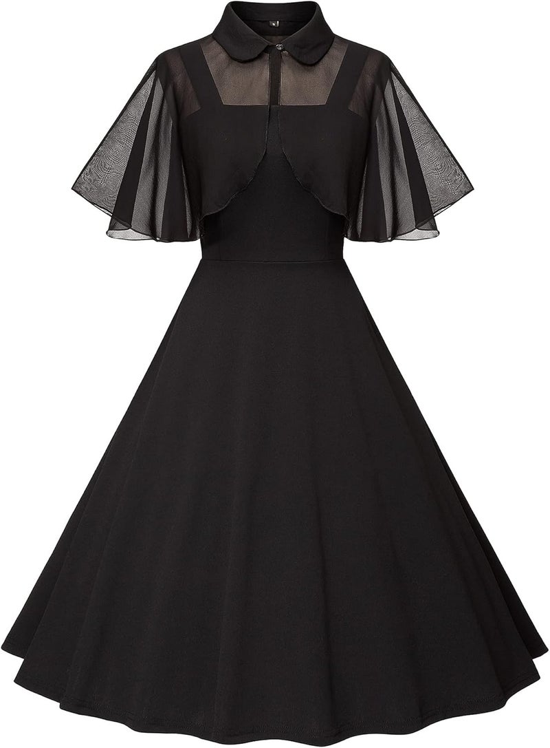 Milreason Store 1950s Dresses for Women Vintage Goth Swing Cocktail Dress with Pockets and Chiffon Shawl - Image 1