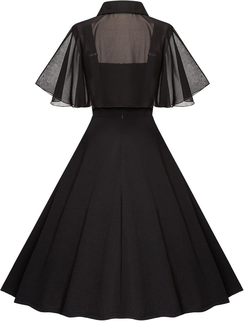 Milreason Store 1950s Dresses for Women Vintage Goth Swing Cocktail Dress with Pockets and Chiffon Shawl - Image 3