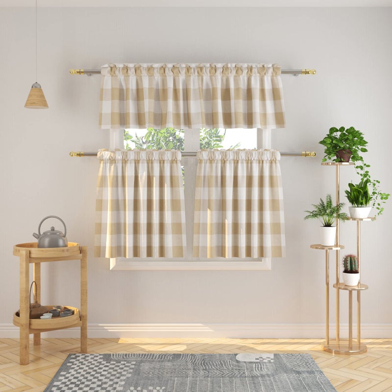 NATUS WEAVER 3 Pc Cotton Classic Country Farmhouse Kitchen Window Curtain -Beige & White Buffalo Check Tier & Valance Set, 54" x 18" / 27" x 30" - Image 1