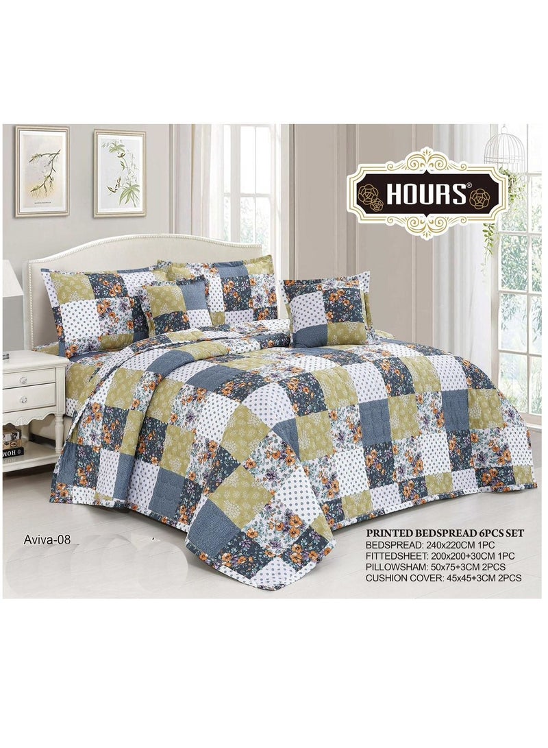 Hours Printed Summer Double Bed Bedding Set – 6-Piece Set – Modern Design with Checkered and Floral Patterns – Soft and Comfortable Comforter for Daily Use – (1 Comforter + 1 Fitted Sheet + 4 Decorative Pillowcases) Suitable for 200×200 cm Bed - Image 2