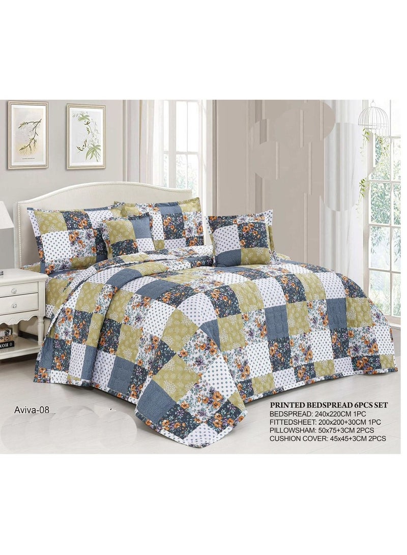 Hours Printed Summer Double Bed Bedding Set – 6-Piece Set – Modern Design with Checkered and Floral Patterns – Soft and Comfortable Comforter for Daily Use – (1 Comforter + 1 Fitted Sheet + 4 Decorative Pillowcases) Suitable for 200×200 cm Bed - Image 1
