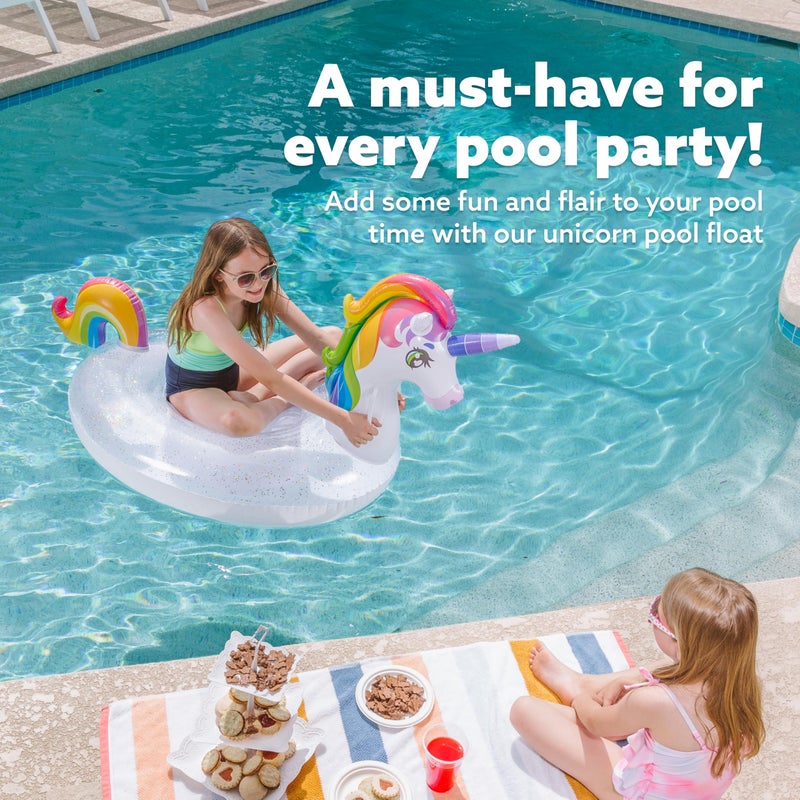 JOYIN Unicorn Pool Float Kids - Inflatable Rainbow Unicorn Floaty with Glitters Fun Floats, Ride On Beach Lake Floaties Raft Lounge, Party in Summer Decorations Pool Toys for Kids - Image 3