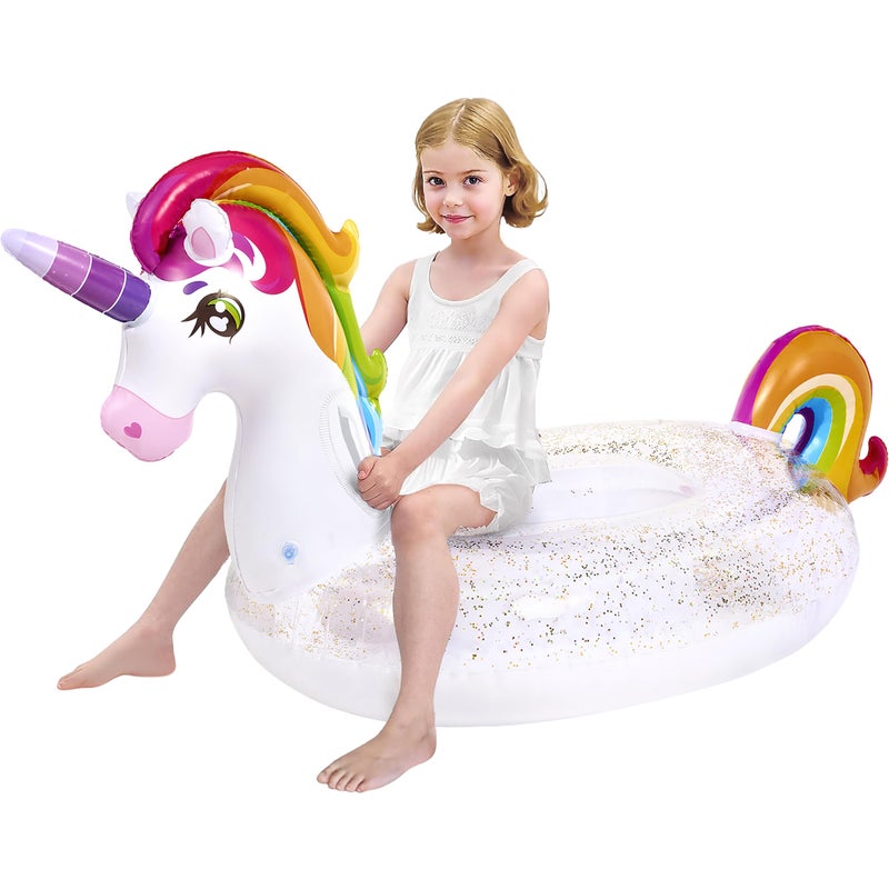 JOYIN Unicorn Pool Float Kids - Inflatable Rainbow Unicorn Floaty with Glitters Fun Floats, Ride On Beach Lake Floaties Raft Lounge, Party in Summer Decorations Pool Toys for Kids - Image 1