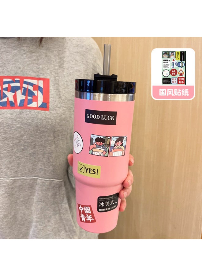 Large Capacity Ice Cup With Straw For Girls, Trendy Style Thermos Cup For Car, Stainless Steel Water Cup For Men, Student Milk Tea Cup