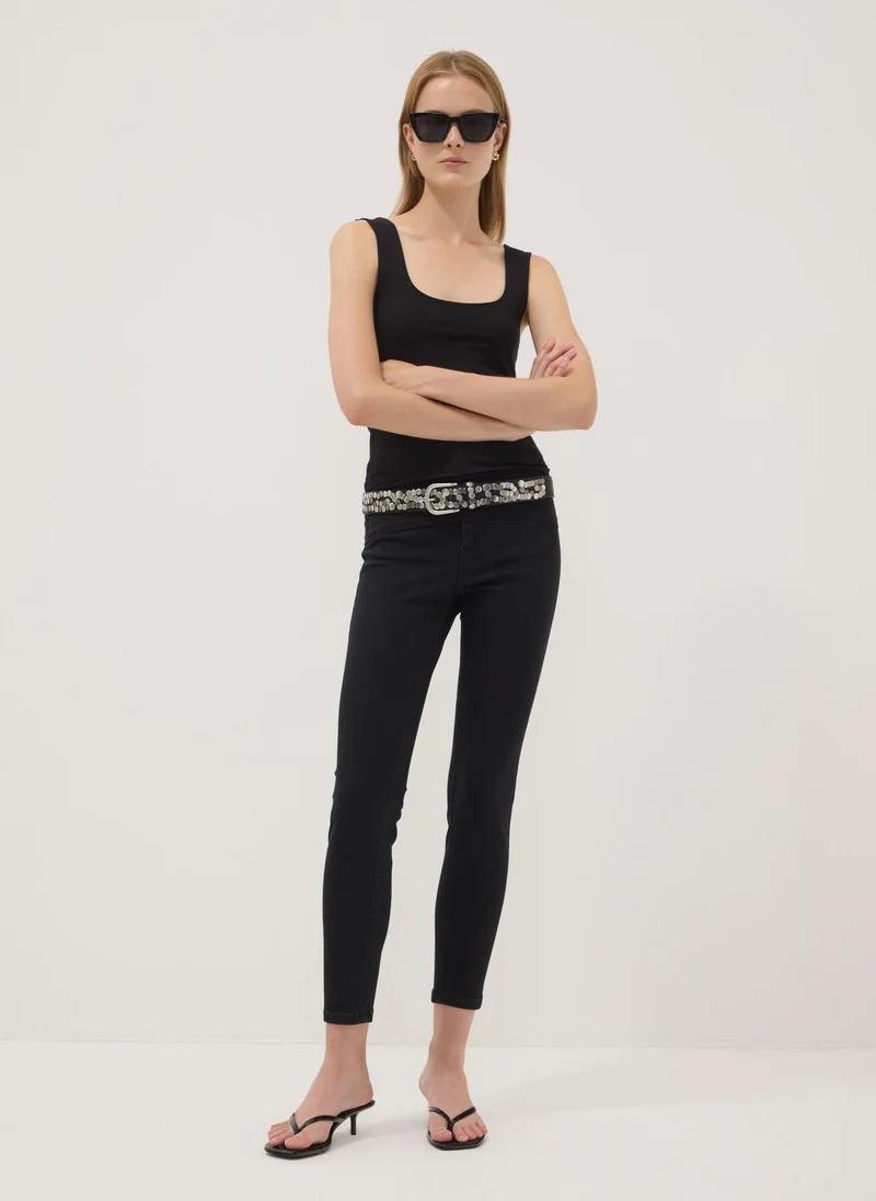 او في اس OVS Black Fitted Stretch-Cotton Tank Top