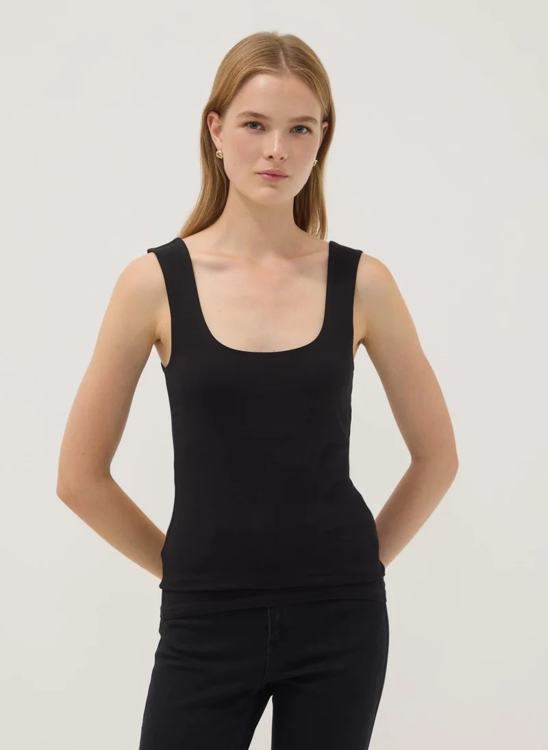 او في اس OVS Black Fitted Stretch-Cotton Tank Top