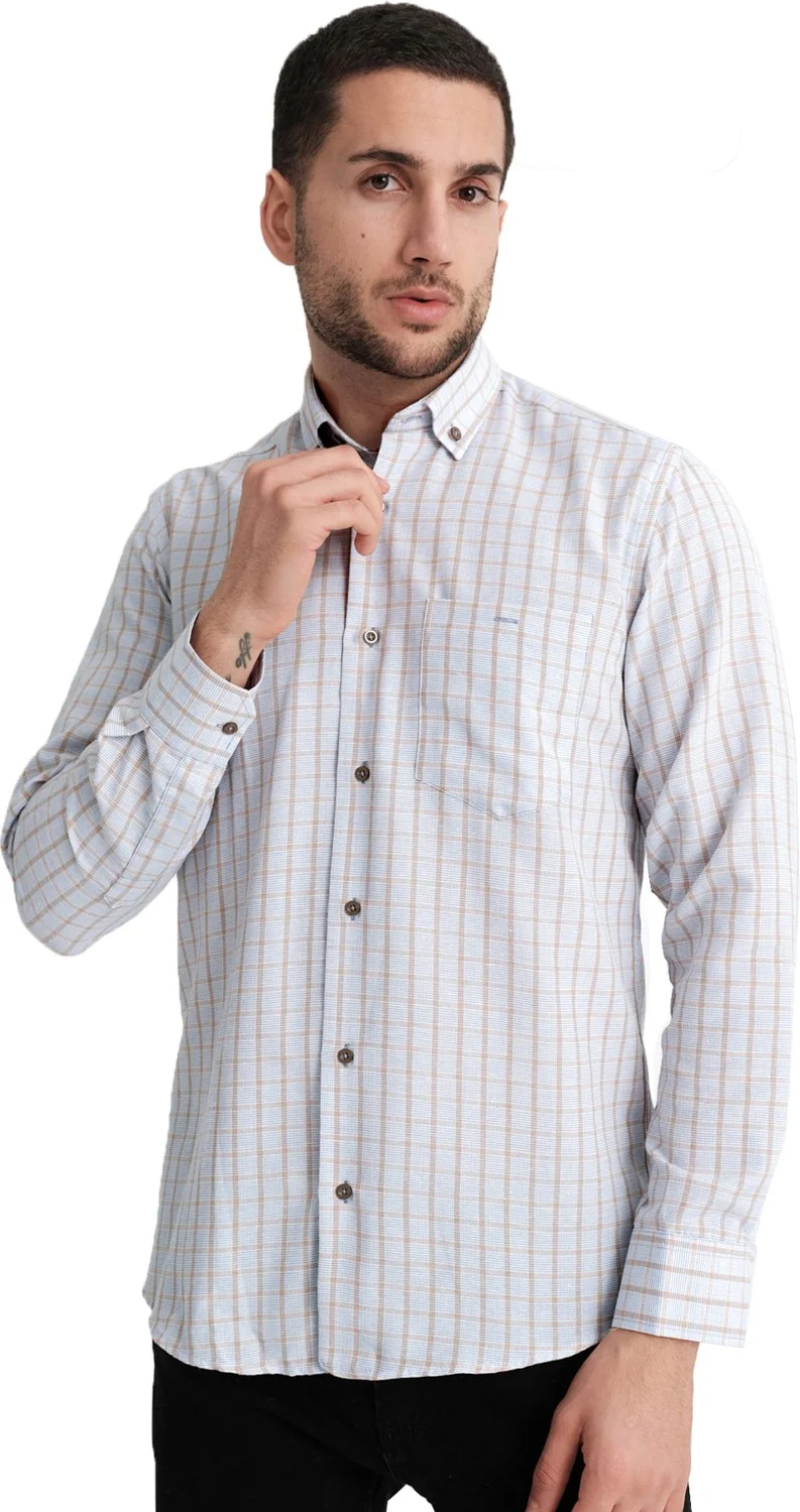 فاريتا Men's Blue Beige Long Sleeve Checkered Classic Cut Pocket Collar Buttoned Shirt