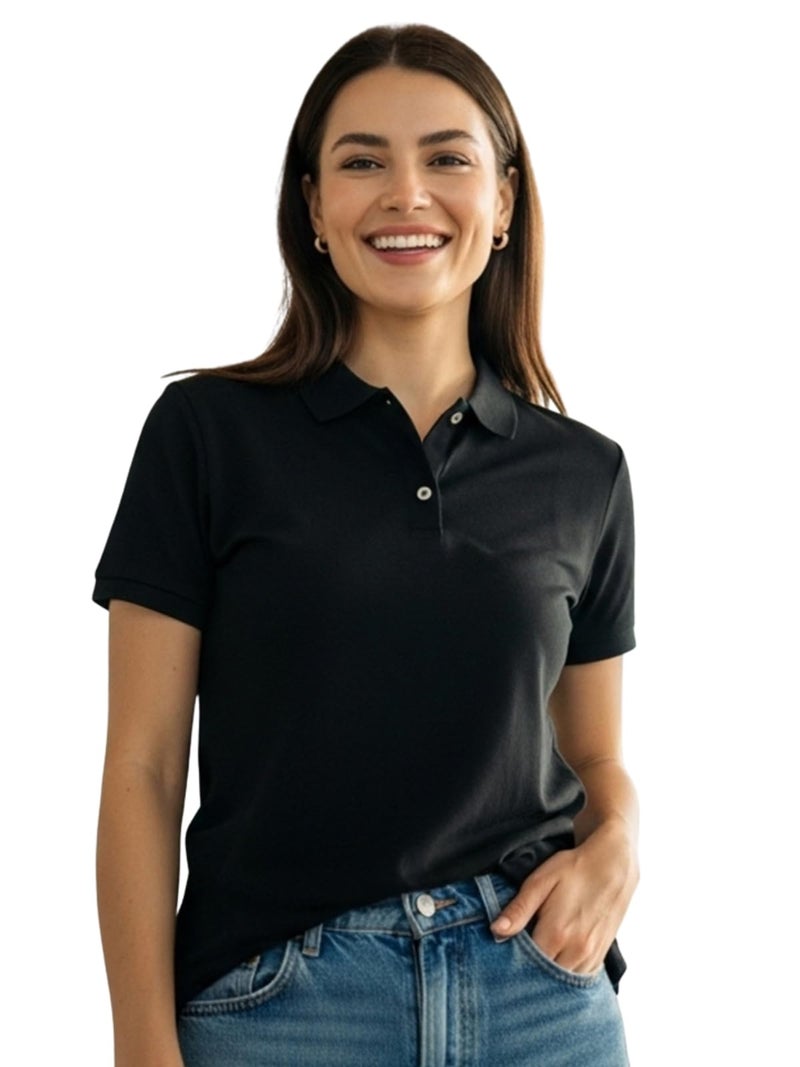 JUNEBERRY® Pure Cotton Regular Fit Plain Solid Classic Polo Collar Half Sleeve T-Shirt for Women (Polo_JB_BLK_S) - Image 1