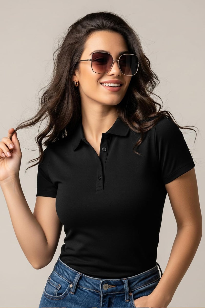 JUNEBERRY® Pure Cotton Regular Fit Plain Solid Classic Polo Collar Half Sleeve T-Shirt for Women (Polo_JB_BLK_S) - Image 2