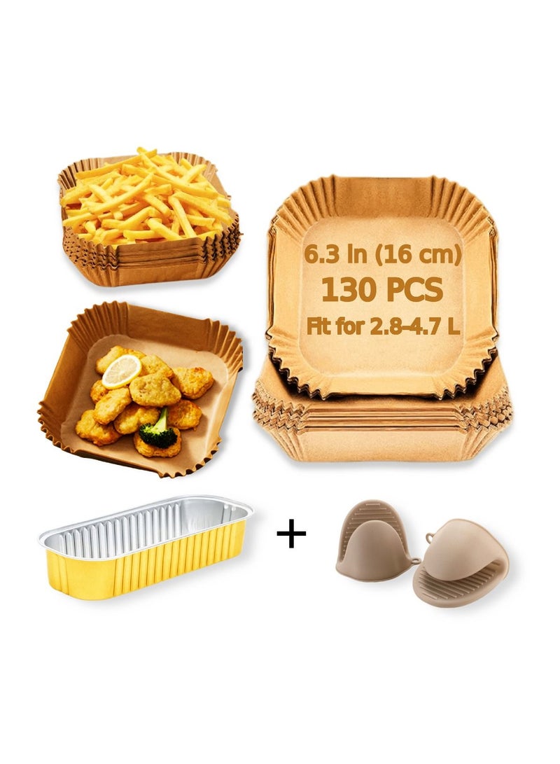 Urban Utility 130PCS 6.3in 16cm Square Air Fryer Parchment Liners + Bonus: Silicone Tongs & Disposable Tins! Non-Stick, Oil-Resistant & Food-Grade Baking. Perfect for 2.8-4.7L Fryers.Bake,Roast & Microwave. - Image 1