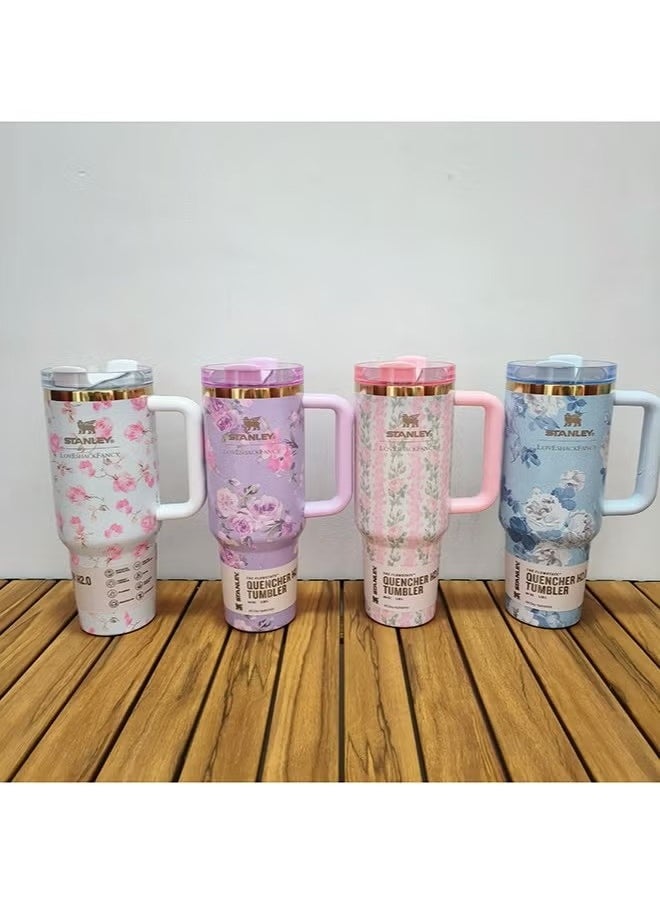 Stanley - Stainless Steel Vacuum Insulated Tumbler with Lid and Straw for Water, Iced Tea or Coffee, Smoothie and More, 40 oz Blue whit flower - Image 1