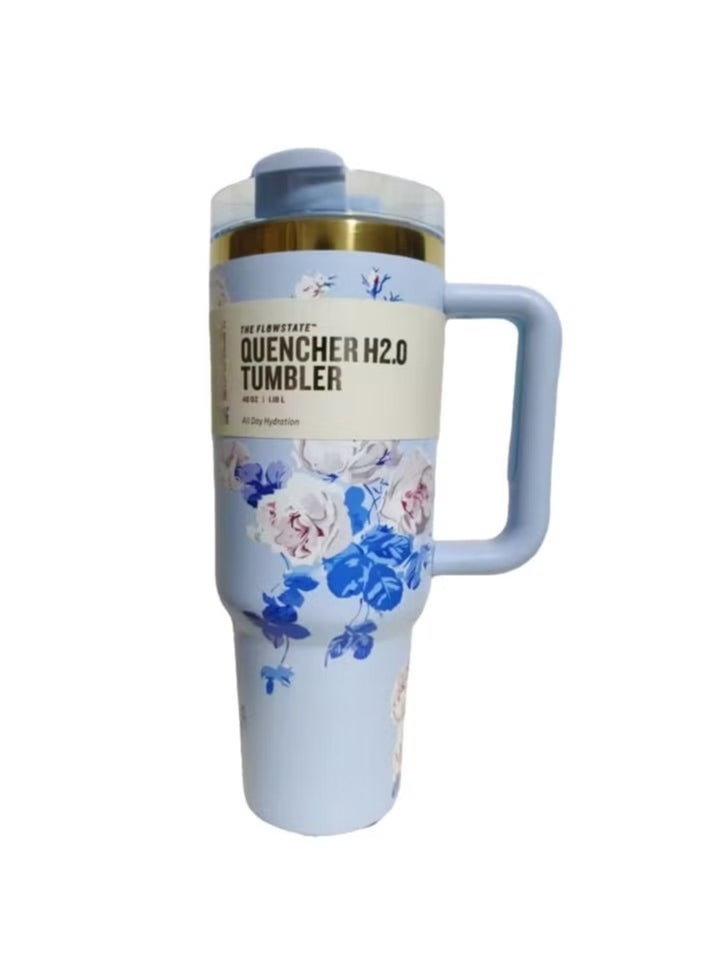 Stanley - Stainless Steel Vacuum Insulated Tumbler with Lid and Straw for Water, Iced Tea or Coffee, Smoothie and More, 40 oz Blue whit flower - Image 1
