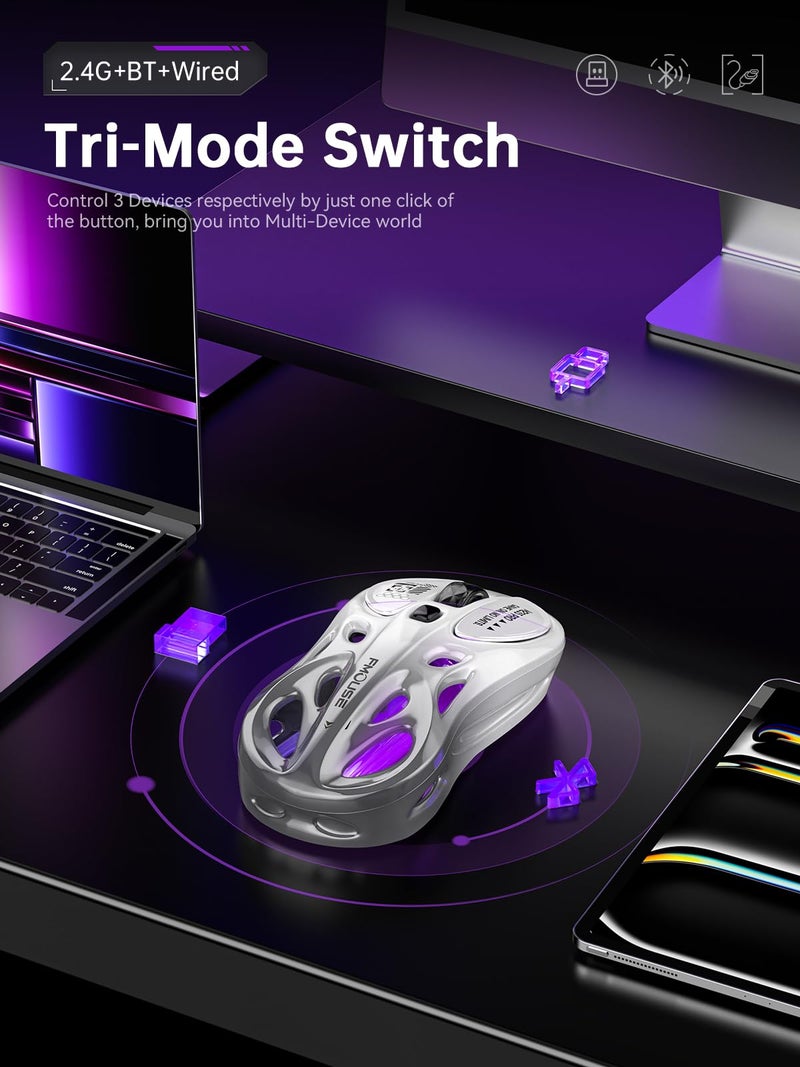 FMOUSE Tri-Mode Wireless Mouse (2.4G/Bluetooth/Wired), Hollow Design, RGB, 4800 DPI, Rechargeable Type-C for Mac/Laptop/iPad (Gaming/Office) - White & Gray Gradient - Image 2