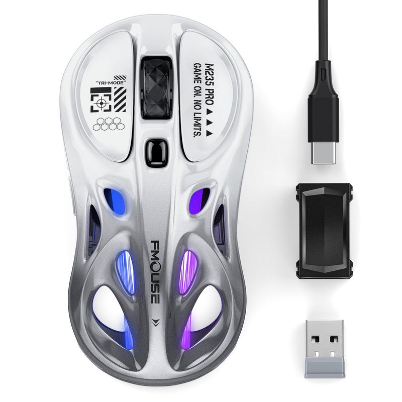 FMOUSE Tri-Mode Wireless Mouse (2.4G/Bluetooth/Wired), Hollow Design, RGB, 4800 DPI, Rechargeable Type-C for Mac/Laptop/iPad (Gaming/Office) - White & Gray Gradient - Image 1