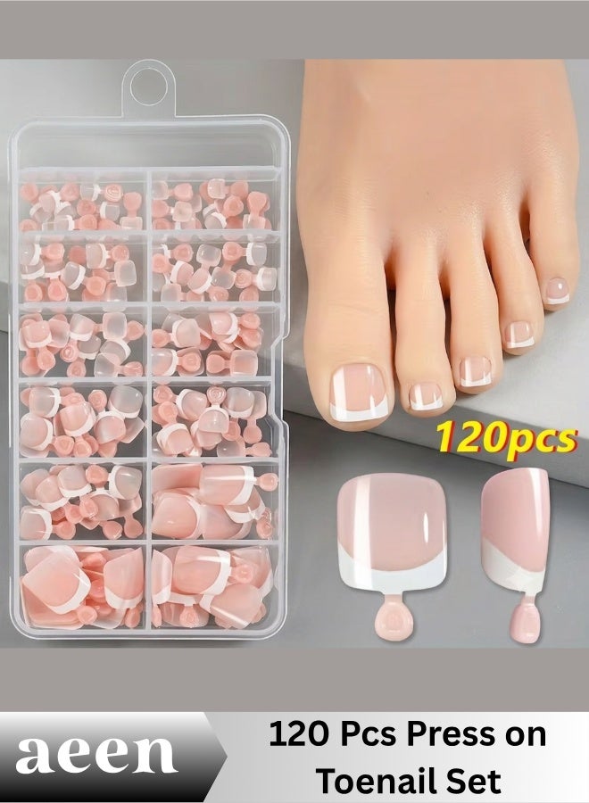 aeen 120pcs Press-On Toenails for Women, Short Round Glossy Fake Toenails, White-Edge Nude Pink Brown Coffee Acrylic Toe Nail Tips, 1 Box - Image 1