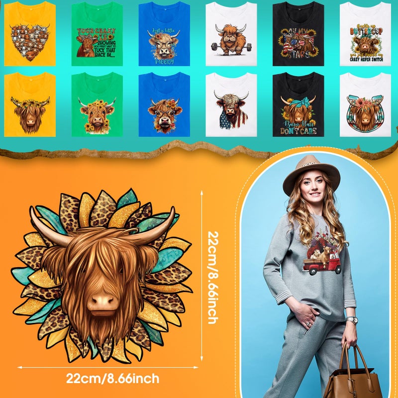 Yuntau 30 Pcs Western Iron On Transfer Patches Iron On Vinyl Decals for Jeans Western DTF Heat Transfer Vinyl Stickers DIY Appliques for Clothing T Shirt Pillow Hat(Highland Cow) - Image 4