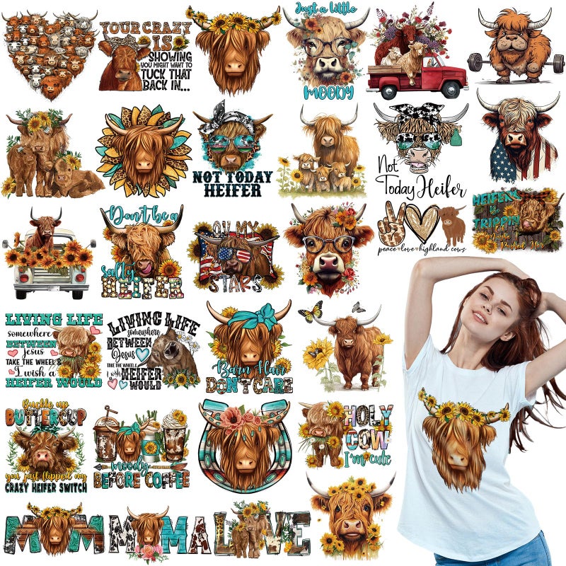 Yuntau 30 Pcs Western Iron On Transfer Patches Iron On Vinyl Decals for Jeans Western DTF Heat Transfer Vinyl Stickers DIY Appliques for Clothing T Shirt Pillow Hat(Highland Cow) - Image 1