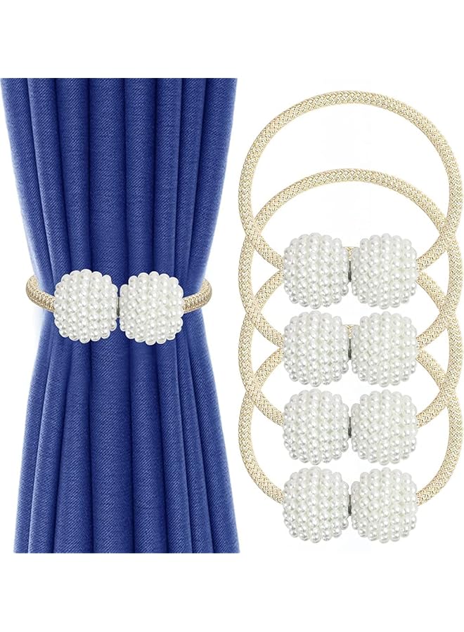 The Bros Magnetic Curtain Tiebacks, Convenient Drape Tie Backs, Pearl Decorative Rope Holdback Holder for Home Office Hotel, Window Drapery Deco, No-Install Drill Hook (4 Pcs, Beige)  - Image 1