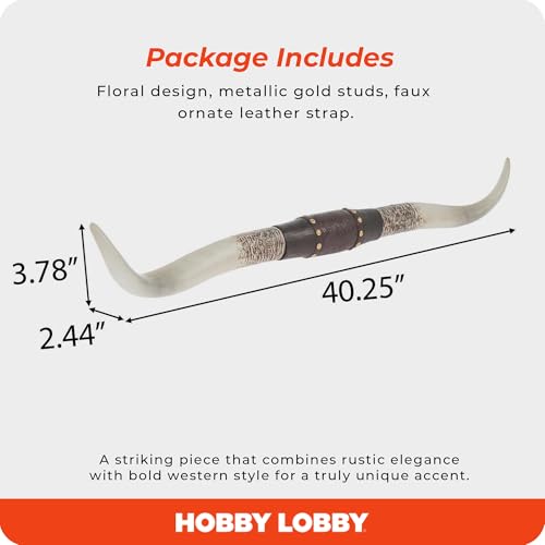 Hobby Lobby Longhorn Wall Decor, Resin, Distressed Horns, Leather Strap Design, Floral Embossing, Gold Studs, 40 inches Wide, Rustic, Country Charm - Image 3