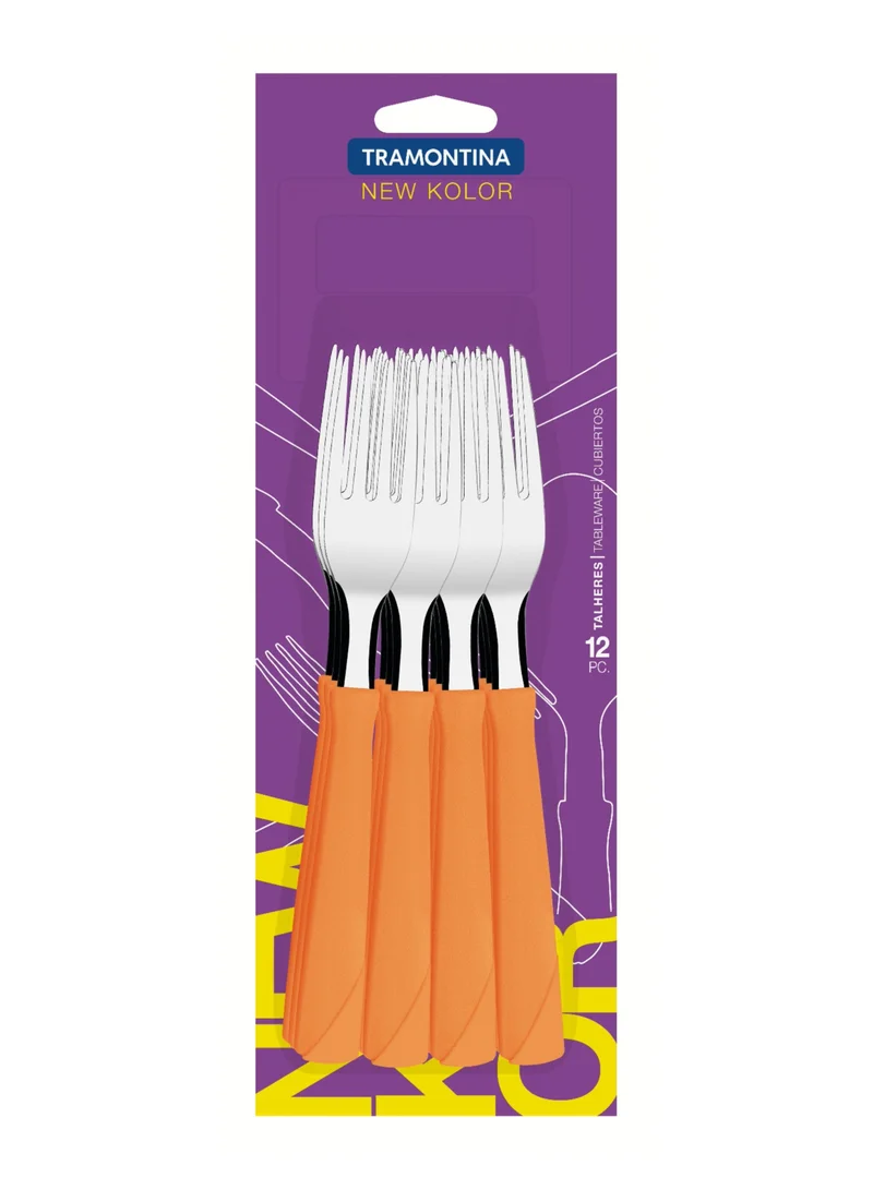 ترامونتينا Tramontina New Kolor 12 Pieces Stainless Steel Table Forks Set with Orange Polypropylene Handles