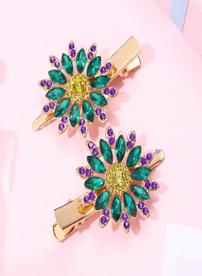 HSWE Crystal Hair Clips Large Sparkle Rhinestone Flower Design Alligator Metal Clip Non-Slip Floral Duckbill Hairpins Bling French Fancy Hair Barrettes for women Girls Hair Jewelry Accessories (Purple Green Yellow) - Image 5