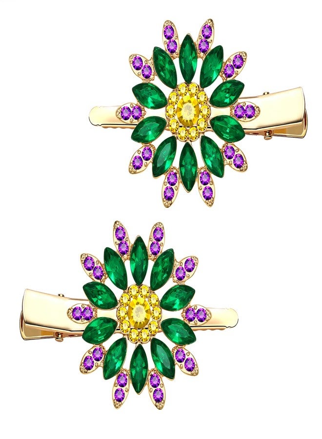 HSWE Crystal Hair Clips Large Sparkle Rhinestone Flower Design Alligator Metal Clip Non-Slip Floral Duckbill Hairpins Bling French Fancy Hair Barrettes for women Girls Hair Jewelry Accessories (Purple Green Yellow) - Image 1