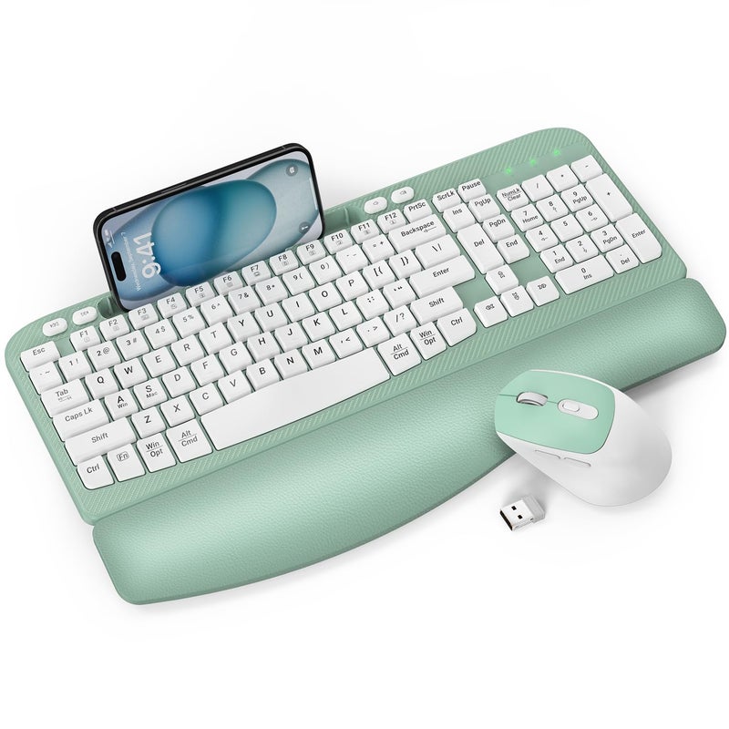 EAYBLLY Wireless Keyboard and Mouse Combo, Wave Keys Full-Sized Ergonomic Keyboard with Cushioned Plam Rest, Phone Holder, Comfortable Natural Typing, 2.4G Cordless Set for Computer, Laptop, Pc, Mac, Windows - Image 1