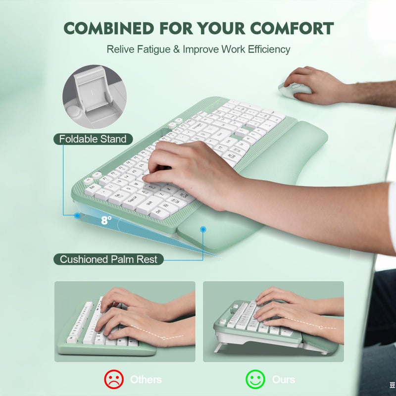 EAYBLLY Wireless Keyboard and Mouse Combo, Wave Keys Full-Sized Ergonomic Keyboard with Cushioned Plam Rest, Phone Holder, Comfortable Natural Typing, 2.4G Cordless Set for Computer, Laptop, Pc, Mac, Windows - Image 4