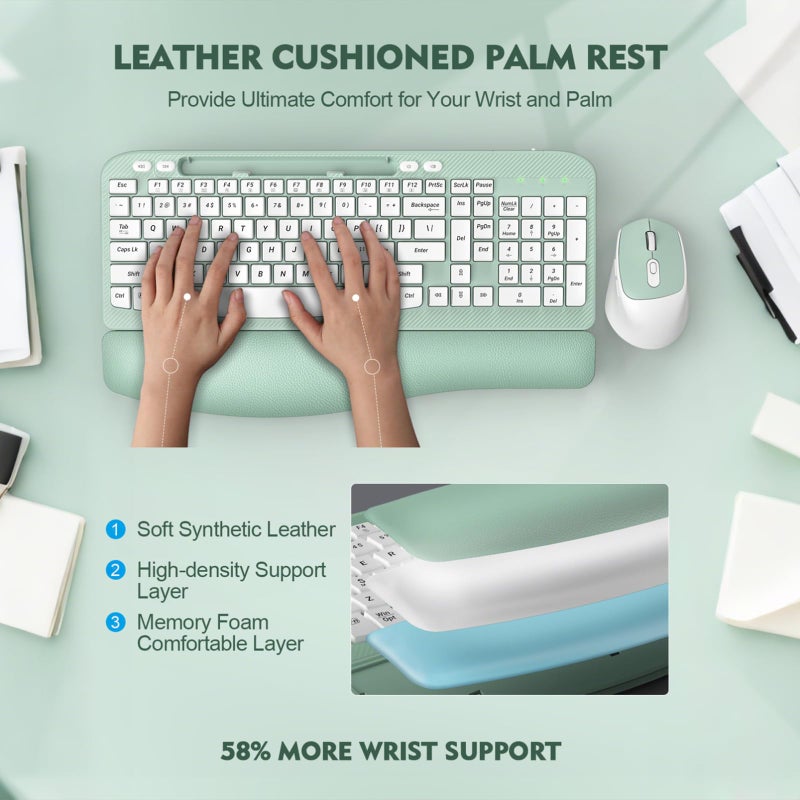 EAYBLLY Wireless Keyboard and Mouse Combo, Wave Keys Full-Sized Ergonomic Keyboard with Cushioned Plam Rest, Phone Holder, Comfortable Natural Typing, 2.4G Cordless Set for Computer, Laptop, Pc, Mac, Windows - Image 2