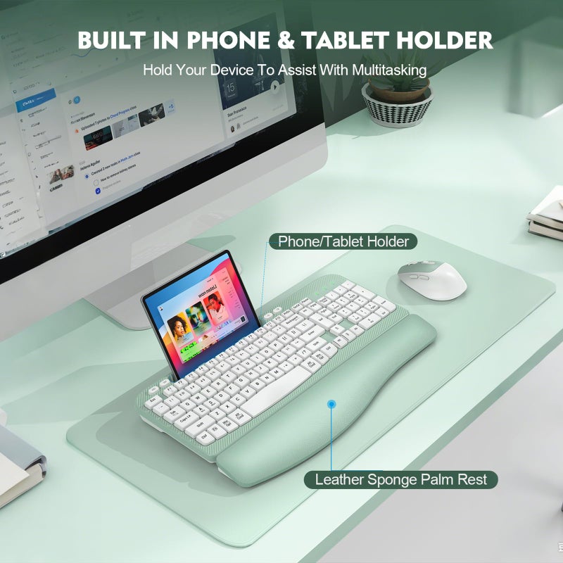 EAYBLLY Wireless Keyboard and Mouse Combo, Wave Keys Full-Sized Ergonomic Keyboard with Cushioned Plam Rest, Phone Holder, Comfortable Natural Typing, 2.4G Cordless Set for Computer, Laptop, Pc, Mac, Windows - Image 5