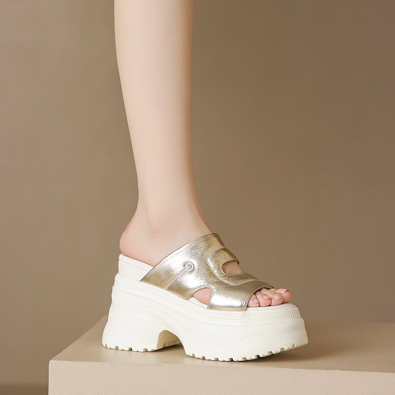 Yichuan shoes ~ 12cm muffin thick bottom not tired feet sandals and slippers summer wear leather beach shoes wedge heels - Image 4
