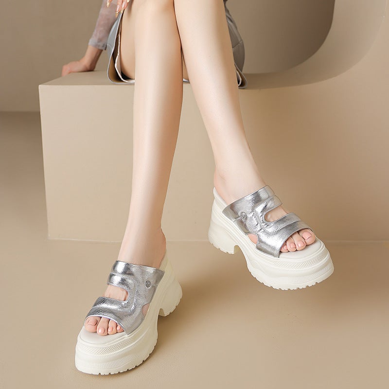 Yichuan shoes ~ 12cm muffin thick bottom not tired feet sandals and slippers summer wear leather beach shoes wedge heels - Image 3