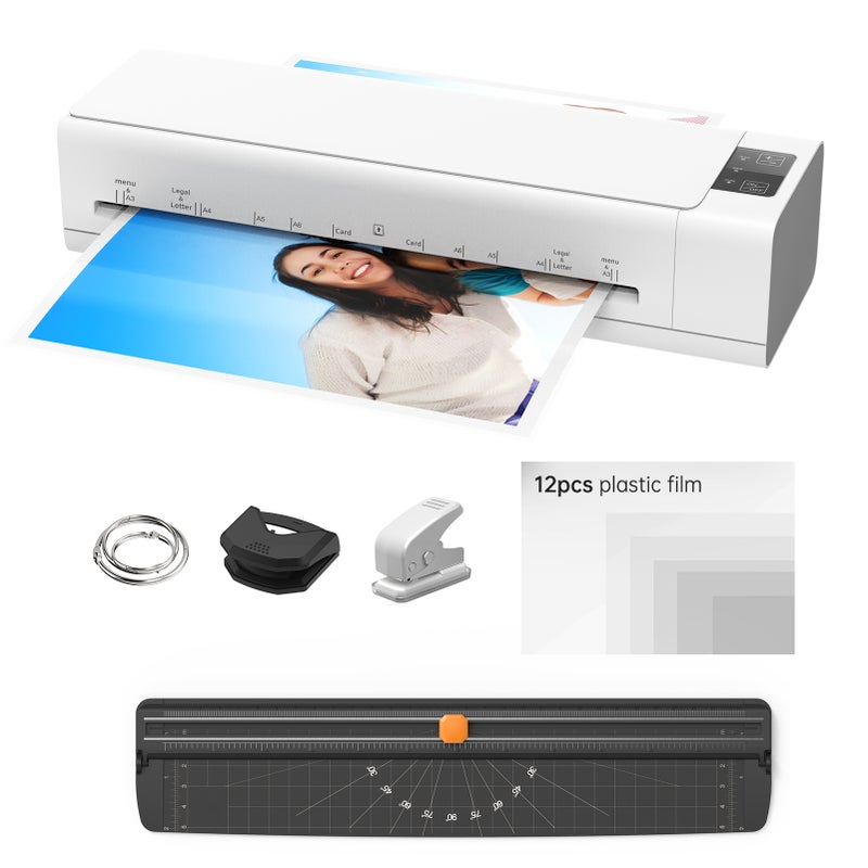 Desktop Laminator Machine Set A3 Size Multifunctional Hot and Cold Lamination 2 Roller System 12.5 inches Max Width with Paper Cutter Trimmer Rounder Hole Puncher Binding Hoop Suitable for - Image 1